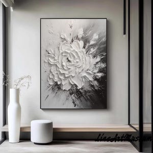 Grote 3D witte en grijze bloem canvas olieverfschilderij, wit grijze textuur kunst, 3D bloeiende bloem olieverfschilderij bloemsierkunst woonkamer Home decor