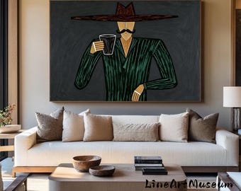 Muted Neutral Cowboy Character Wall Art, Vintage Textured Canvas, Minimalist Western Farmhouse Decor