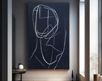 Gran pintura abstracta en blanco y negro, arte de lienzo texturizado