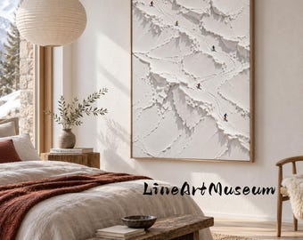 Impasto Skiers Oil Painting, Heavy Palette Knife Textured Mountain Snow Canvas Art,
