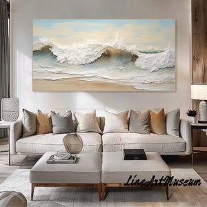 Large Original Sea Abstract Oil Painting Blue Painting Beige painting Sky Landscape Painting Ocean Canvas Painting Living Room Wall Art