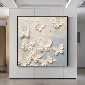 Abstract Impasto Texture Painting Painting on Canvas, Original Blue And White Butterfly Painting, Custom Wall Art, Modern Living Room Decor