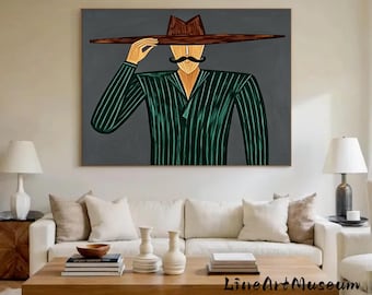 Retro Western Cowboy Figure Painting, Olive Green Textured Canvas, Minimalist Rustic Home Wall Art