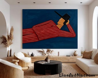 Large Vintage Western Cowboy Portrait Canvas, Surreal Abstract Oil Painting, Minimalist Lounge Art