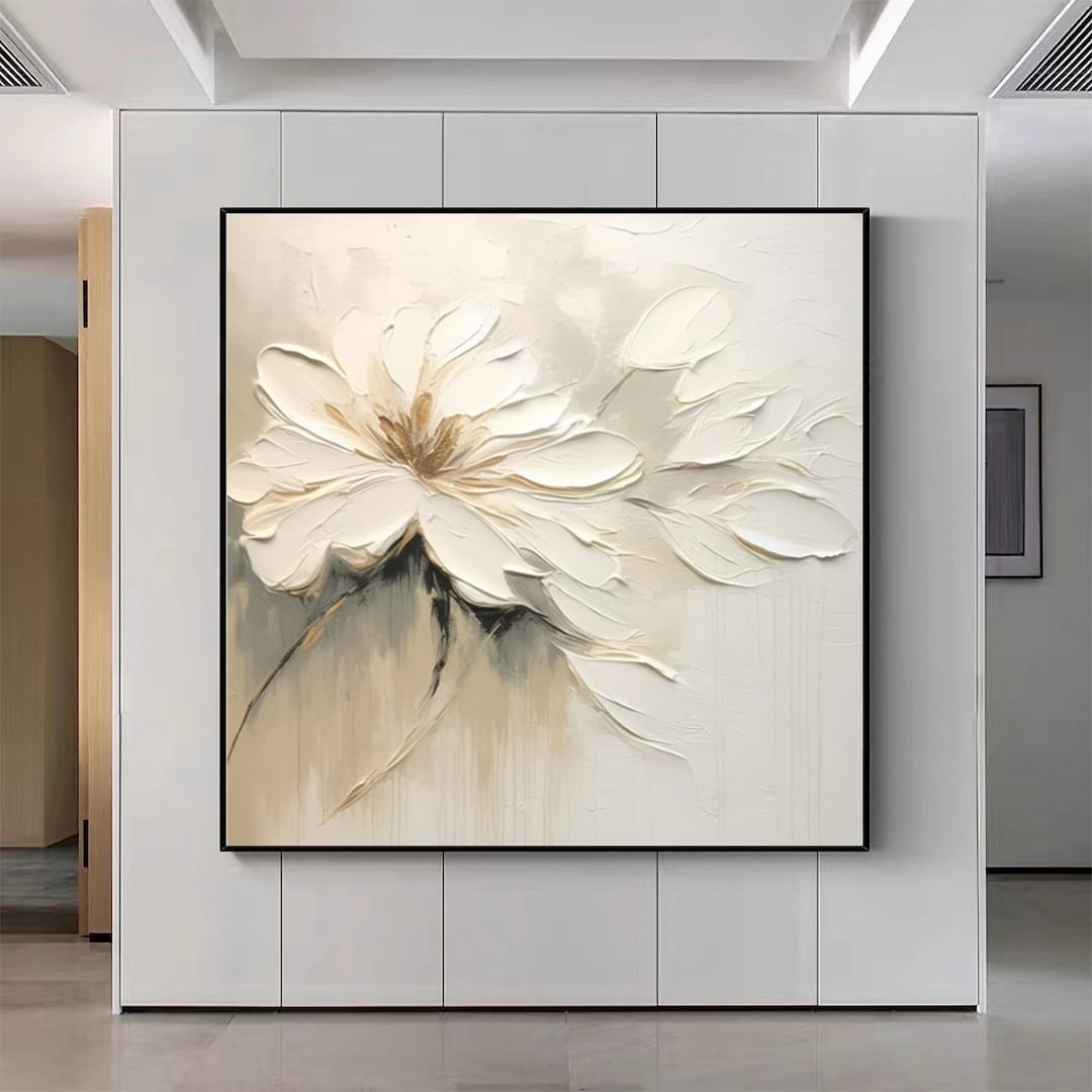 3D White Flowers Oil Painting on Canvas: Abstract Floral Wall Art - Etsy