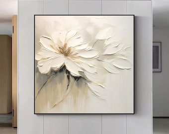 キャンバスに描かれた3Dの白い花のテクスチャ油絵：抽象的な花の壁