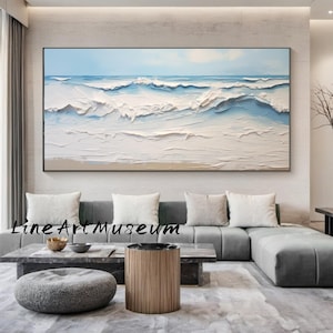 Minimalist Beach Oil Painting on Canvas, Large Wall Art Abstract Original Painting Ocean Wave Art Custom Painting Living Room Decor Gift