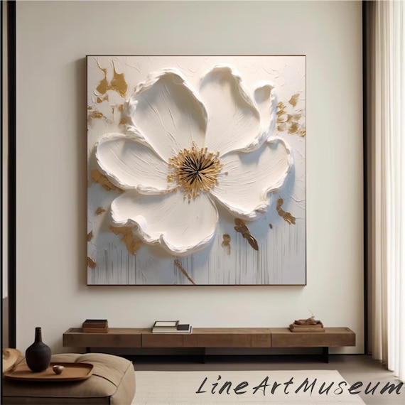 Beige 3D Flower Painting on Canvas: Creamy Textured Floral Art