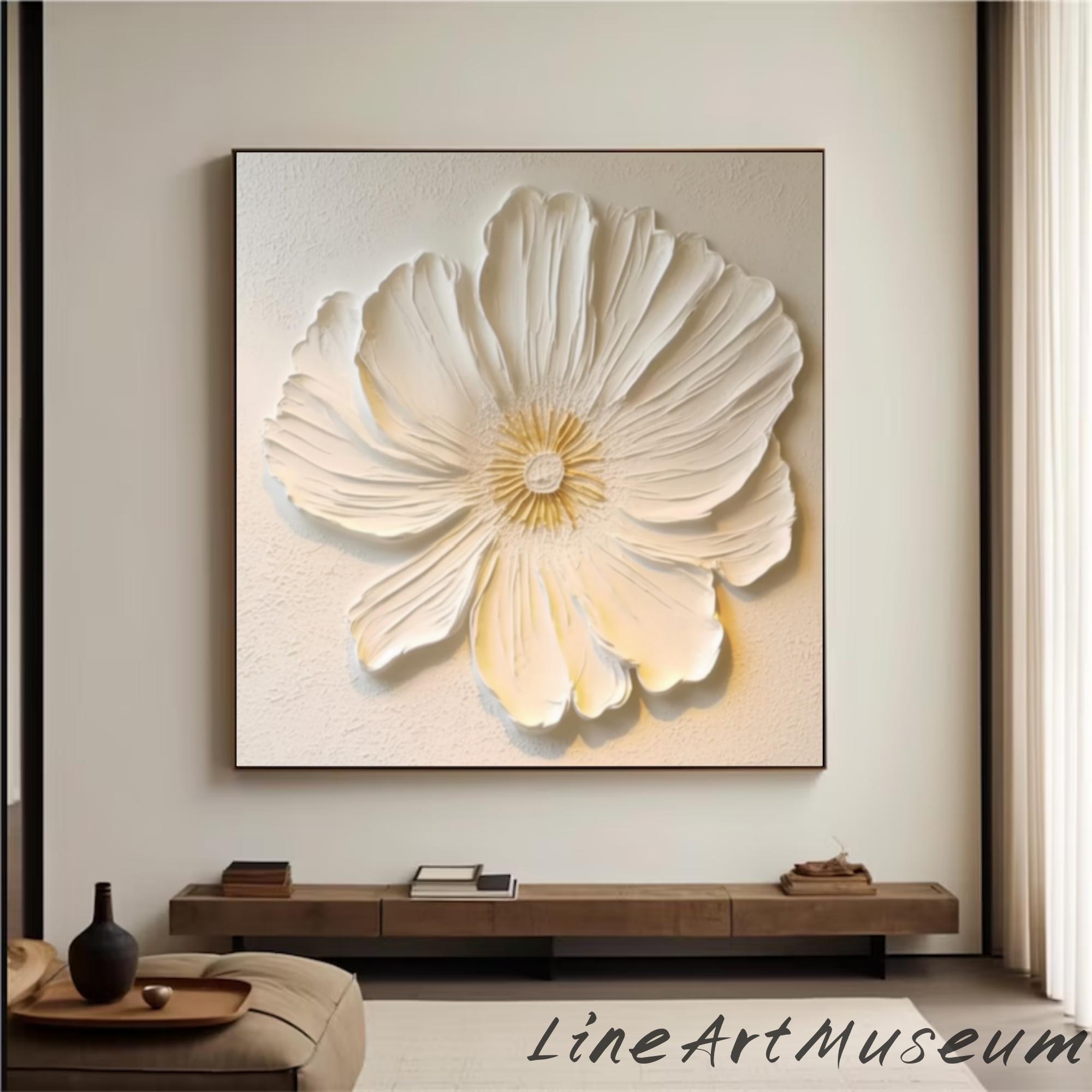 Textured White Flower Oil Painting on Canvas: Abstract Floral Art