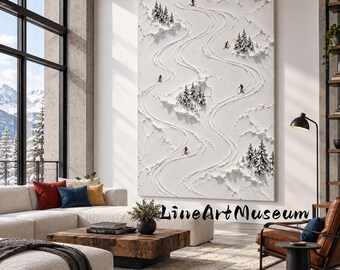 Modern Palette‑Knife Winter Skiing Painting, Textured Snow Woodland Ski Slope Canvas,