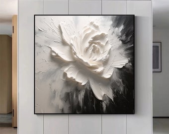 Large Beige Floral Art 3D Textured Wall Art Black White Flower Abstract Art Floral Textured Painting Texture Minimalist Flower Wall Decor