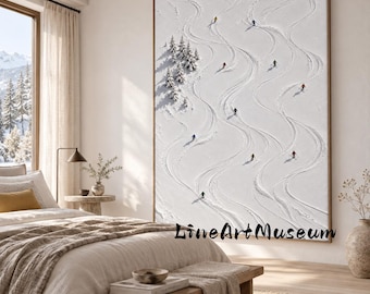 Vertical Impasto Skiers Canvas Art, Palette‑Knife Textured Snow Mountain Painting