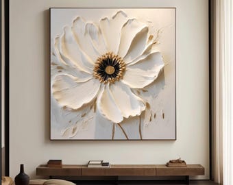 Textured Beige Flower Painting: 3D Abstract Floral Wall Art