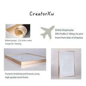 May include: The image showcases art prints. One section displays a rolled canvas with a 2-5 inch margin. Another shows a framed artwork with a gold metal frame. The text "CreatorXu" is at the top.