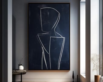 Black and White Abstract Line Art Painting, Minimalist Home Decor