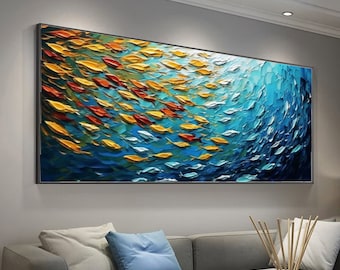 Original Fish Oil Painting: Large Abstract Blue Sea Canvas Wall Art