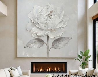 3D Textured White Flower Painting: Large Floral Landscape Acrylic Art Minimalist Flower Oil Painting On Canvas, Large Wall Art,