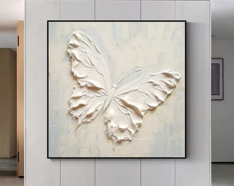 Grande peinture texturée 3D minimaliste beige, peinture texturée papillon beige, cadeau pour elle, tableau fait main, décoration murale moderne