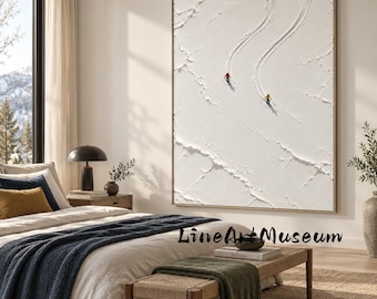 3D Textured Neutral White Winter Ski Oil Painting, Simple Alpine Scene With Two Skiers Wall Decor,