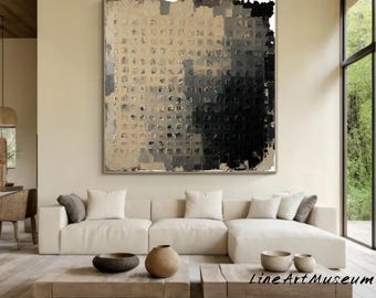 Black Beige Textured Abstract Painting, Modern Canvas Wall Art