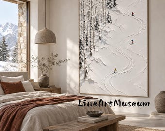 Impasto Textured Skiers Canvas Art, Palette‑Knife Snow Birch Tree Winter Painting