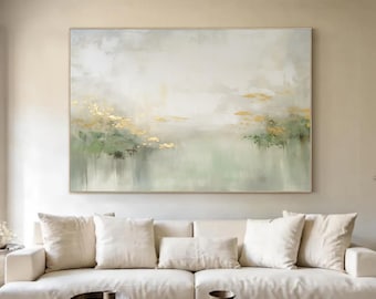 Light Green Abstract Painting Large Green and Gold Acrylic Abstract Painting Abstract Minimalist Green Painting Modern Beige Abstract Art