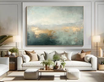 Large Beige Green and Gold Abstract Painting. Original Acrylic Abstract Painting. Minimalist Wall Art With Texture Gold Abstract Painting