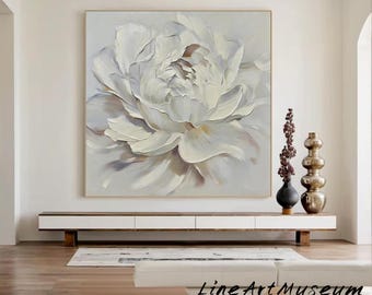 Textured White Flower Painting: 3D Floral Abstract Art   Elegant 3D Flower Artwork for Chic Home Decor, Unique Wall Art