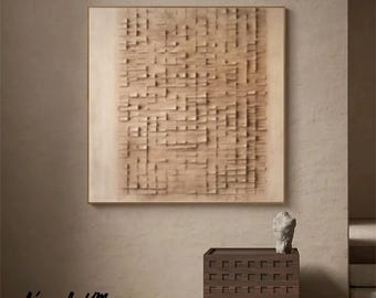 Lienzo texturizado beige, pintura abstracta 3D marrón, decoración de pared minimalista