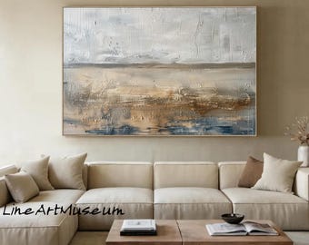 ベージュの風景抽象壁アート 大きなベージュブラウン抽象画 空の風景画