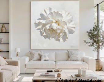Textured White Flower Acrylic Painting: 3D Palette Knife Art Large Flower Abstract Painting