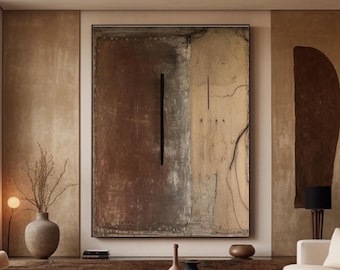 Large Wabi-Sabi Wall Art: Brown Beige Abstract Textured Painting Brown Impasto Textured Oil Painting