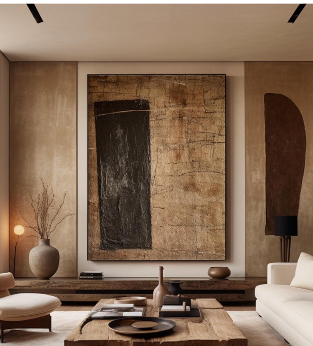 Large Wabi Sabi Texture Painting: Beige & Black Minimalist Canvas Art ...