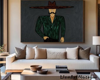 Textured Cowboy Figure Oil Painting, Wabi Sabi Folk Art Canvas Wall Hanging
