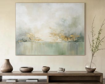 Original Green Minimalist Abstract Painting Large Green and Gold Wall Art Green Abstract Minimalist Art Decorative Painting Gold Painting