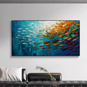 Large scale original fish painting, custom painting, home decoration, canvas wall art, abstract blue ocean painting, Bohemian wall decor