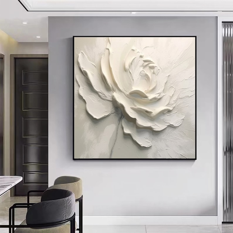 May include: A white, textured, 3D-style painting of a single flower. The flower is in the center of the canvas and is the only subject in the image.