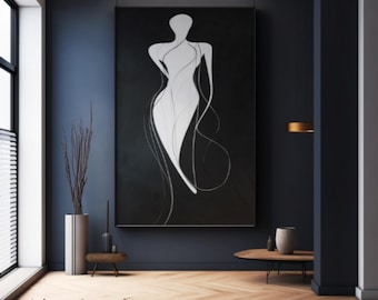Arte lineal figurativo pintado a mano: pintura al óleo minimalista en blanco y negro