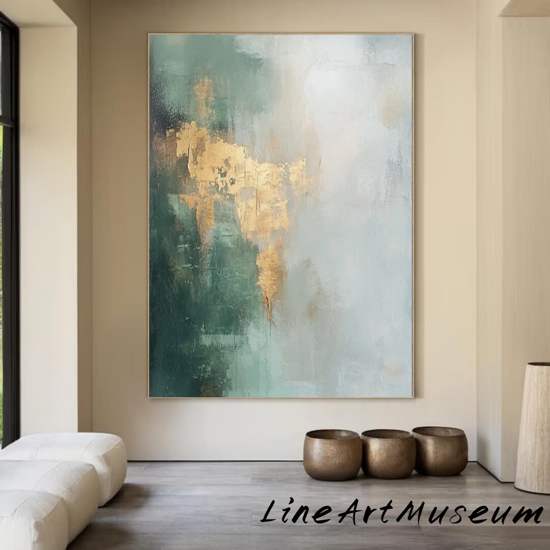 Large Abstract Green Oil Painting Modern Textured Art Green Gold Wall ...