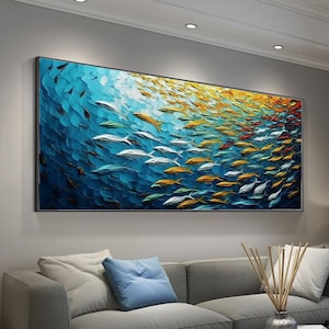 Large Abstract Blue Sea Bottom Painting Original Fish Oil Painting On Canvas Boho Wall Décor Canvas Wall Art Blue Sea Painting
