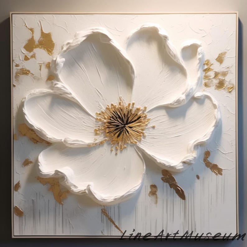 May include: A square, framed, white textured canvas with a large, raised white flower and gold accents. The flower's center is detailed with gold and black. The words "Line Art Museum" are at the bottom.