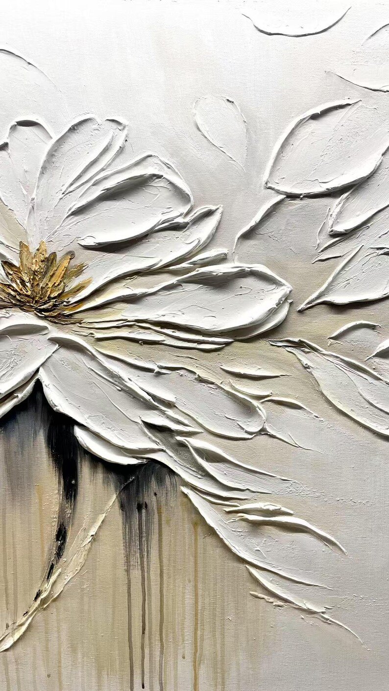 3D White Flowers Oil Painting on Canvas: Abstract Floral Wall Art - Etsy