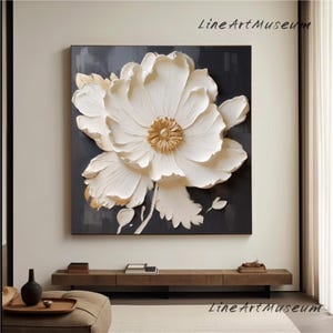 Textured Floral Oil Painting On Canvas: Abstract Beige Flower Wall Art