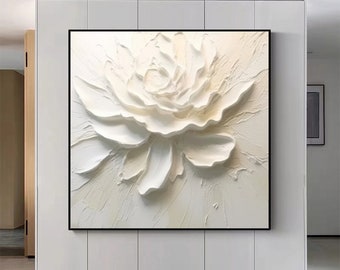 3D Art Palette Knife Painting,Large White Flower Texture ,Flower Acrylic Painting,Heavy Textured Minimalist Art,Flower Wall Decor for Home