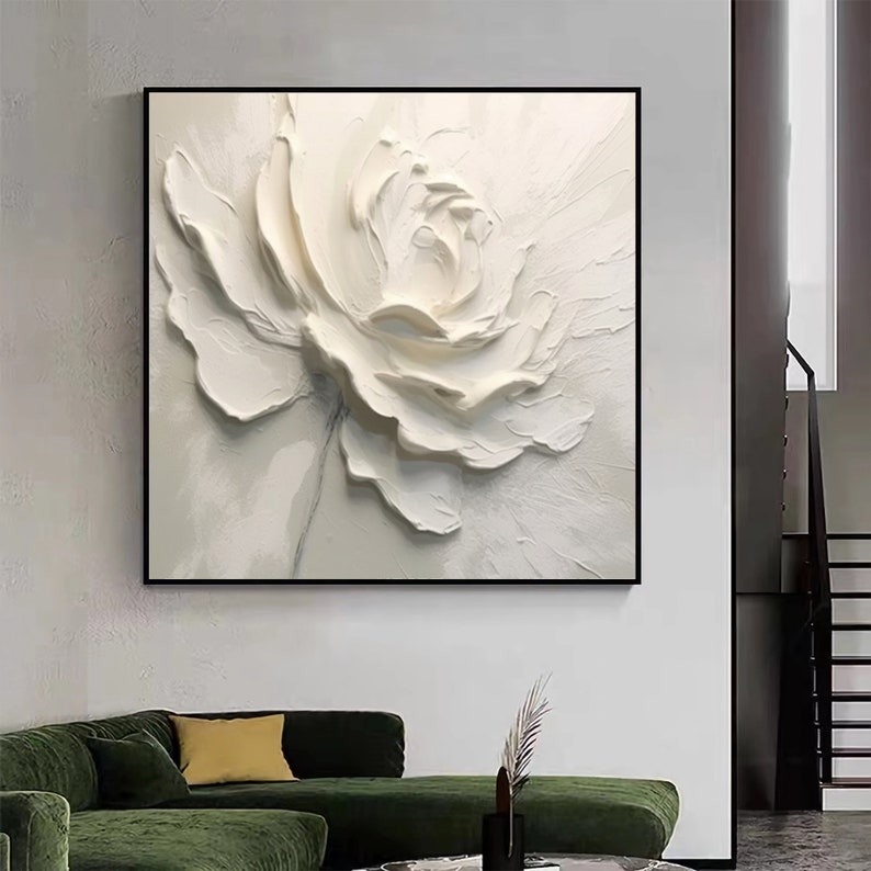 May include: A white 3D textured flower painting with a white background. The flower is in the center of the canvas and is the main focus of the painting.