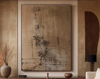 Beige Brown Textured Painting: Minimalist Wabi Sabi Wall Art