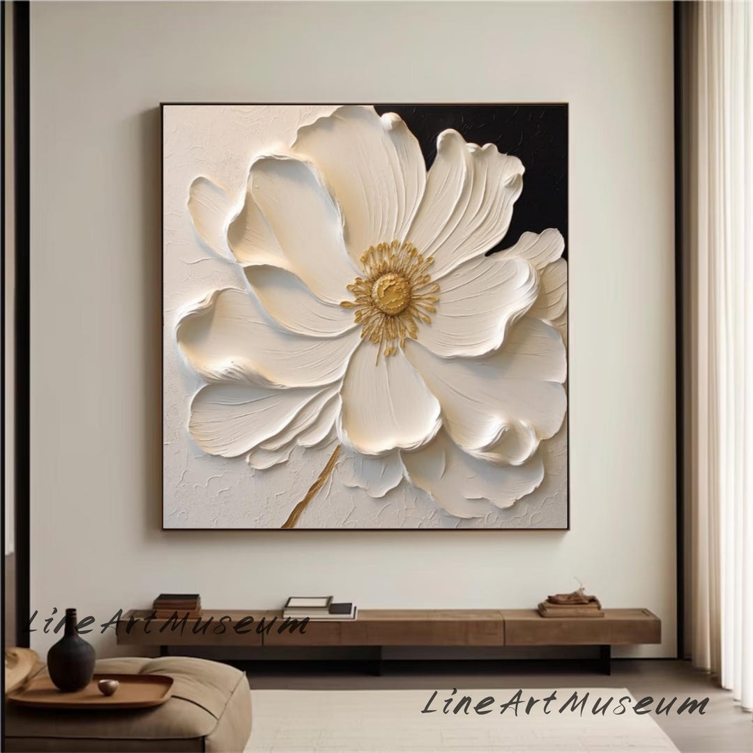 Textured White Flower Oil Painting on Canvas: Abstract Floral Wall ...
