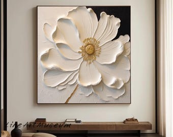 Textured White Flower Oil Painting On Canvas: Abstract Floral Wall Decor