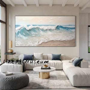 Abstract Textured Sea Beach Oil Painting On Canvas, Original Blue Ocean Impasto Acrylic Painting, White Wave Art, Modern Wall Art