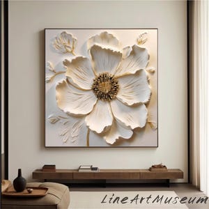 White Textured Flower Minimalist Wall Decor 3D Beige Lotus Oil Painting White 3D Flower Knife Painting Large Textured Floral Painting Gift